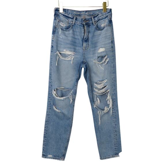 American Eagle Mom Jeans Medium Wash Ripped Straight Leg Jeans Size 4 Short - Picture 3 of 7